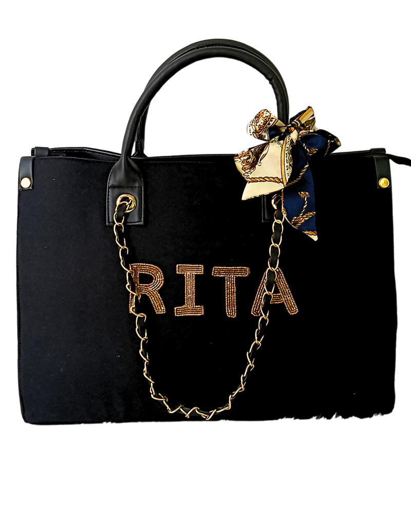 Personalized Black Tote Bag with Name &amp; Hand-Embroidered Charm