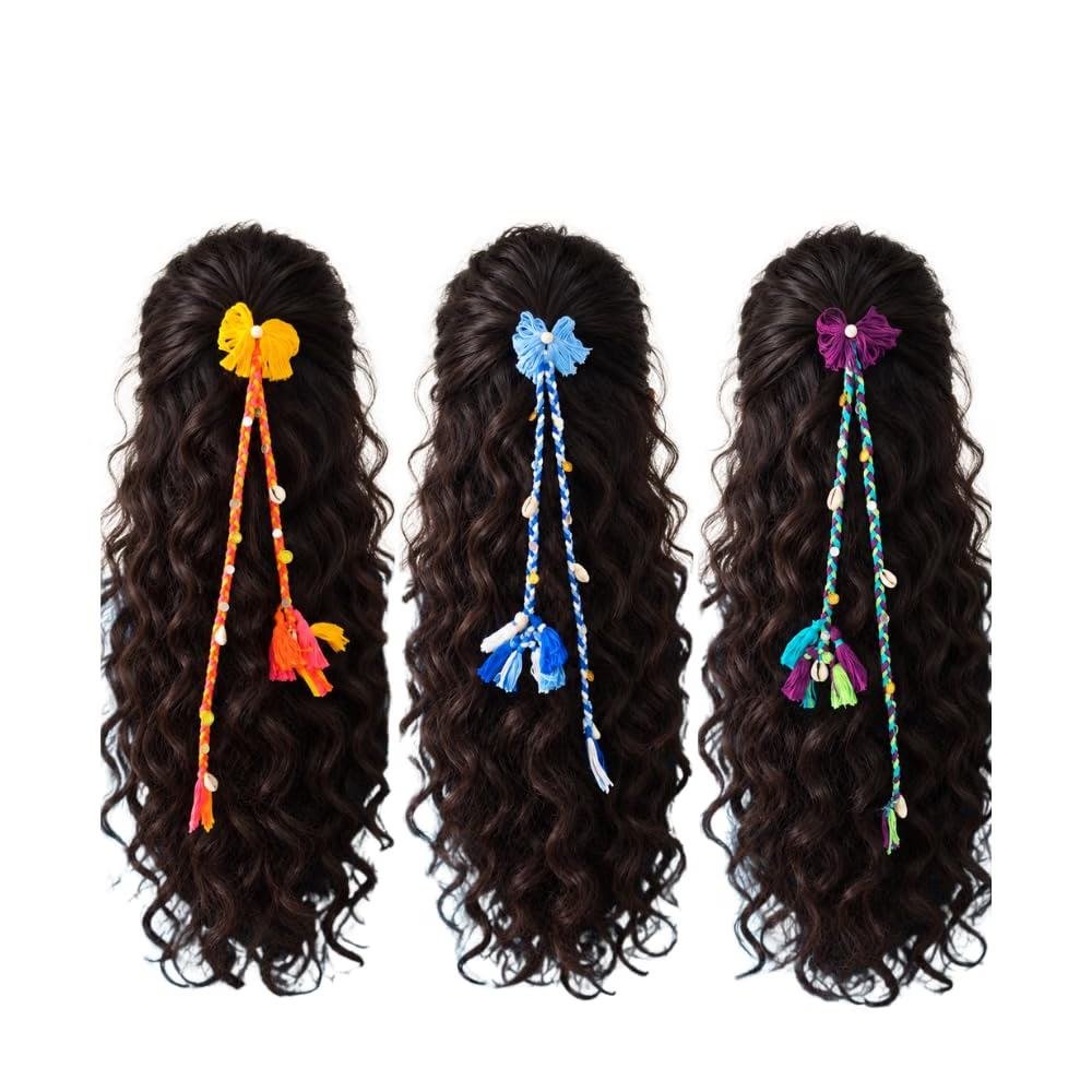 Bohemian Hair Braids with Cowrie Shells, Beads &amp; coin Charms – Handmade Clip-On Cotton Extensions for Women &amp; Girls (Pack of 3)