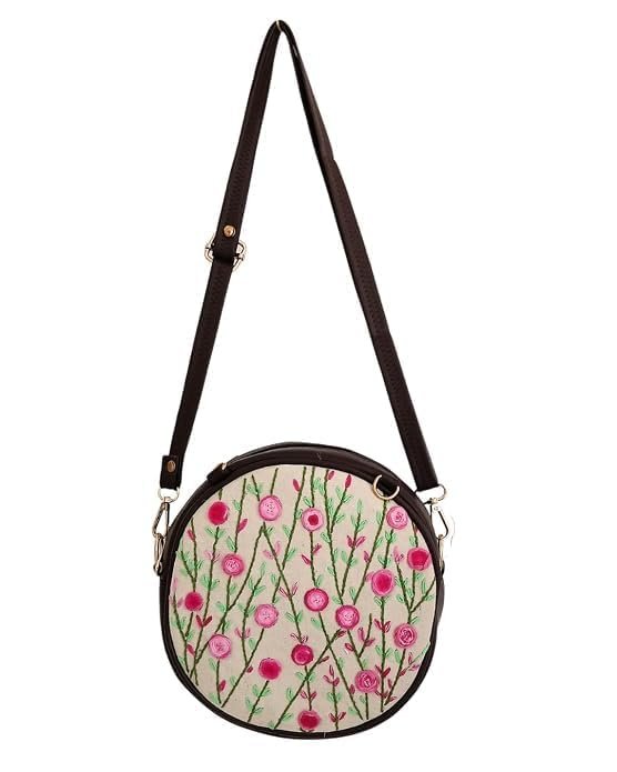 Hand Embroidered Pink floral Round Sling Bag