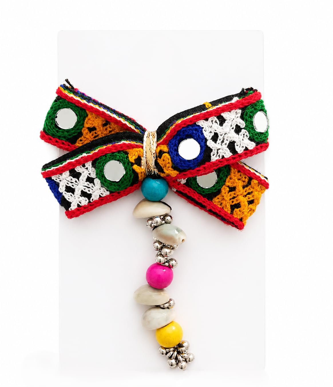 BOHO DREAM CATCHER BROOCH: A vibrant, handcrafted brooch inspired by dream catcher designs, featuring colourful embroidered thread segments. MIRROR CENTRE DETAIL: The brooch features a small reflectiv