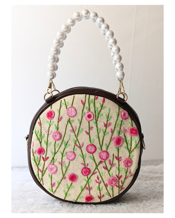 Hand Embroidered Pink floral Round Sling Bag - Image 3