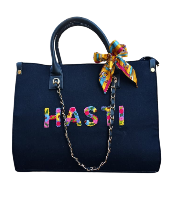 Personalised Black Tote Bag with Hand-Embroidered Charm