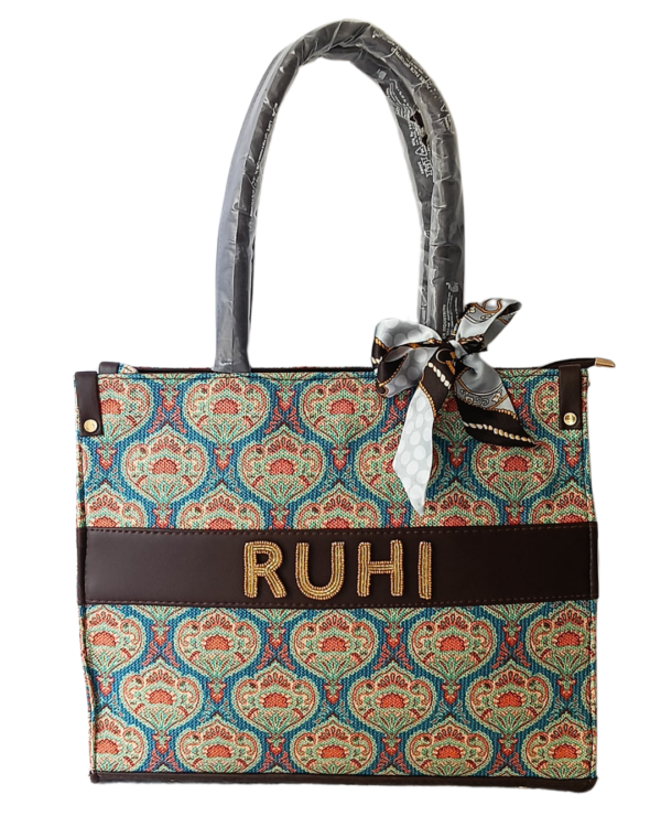 Meera Luxury Handmade jute print Tote Bag with Custom Name