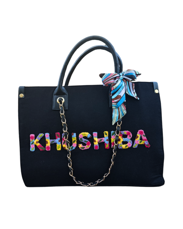 Personalised Black Tote Bag with Hand-Embroidered Charm - Image 6