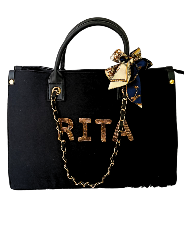 Personalized Black Tote Bag with Name & Hand-Embroidered Charm
