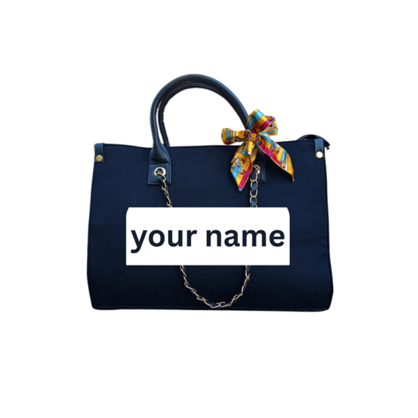 Personalized Black Tote Bag with Name & Hand-Embroidered Charm - Image 2